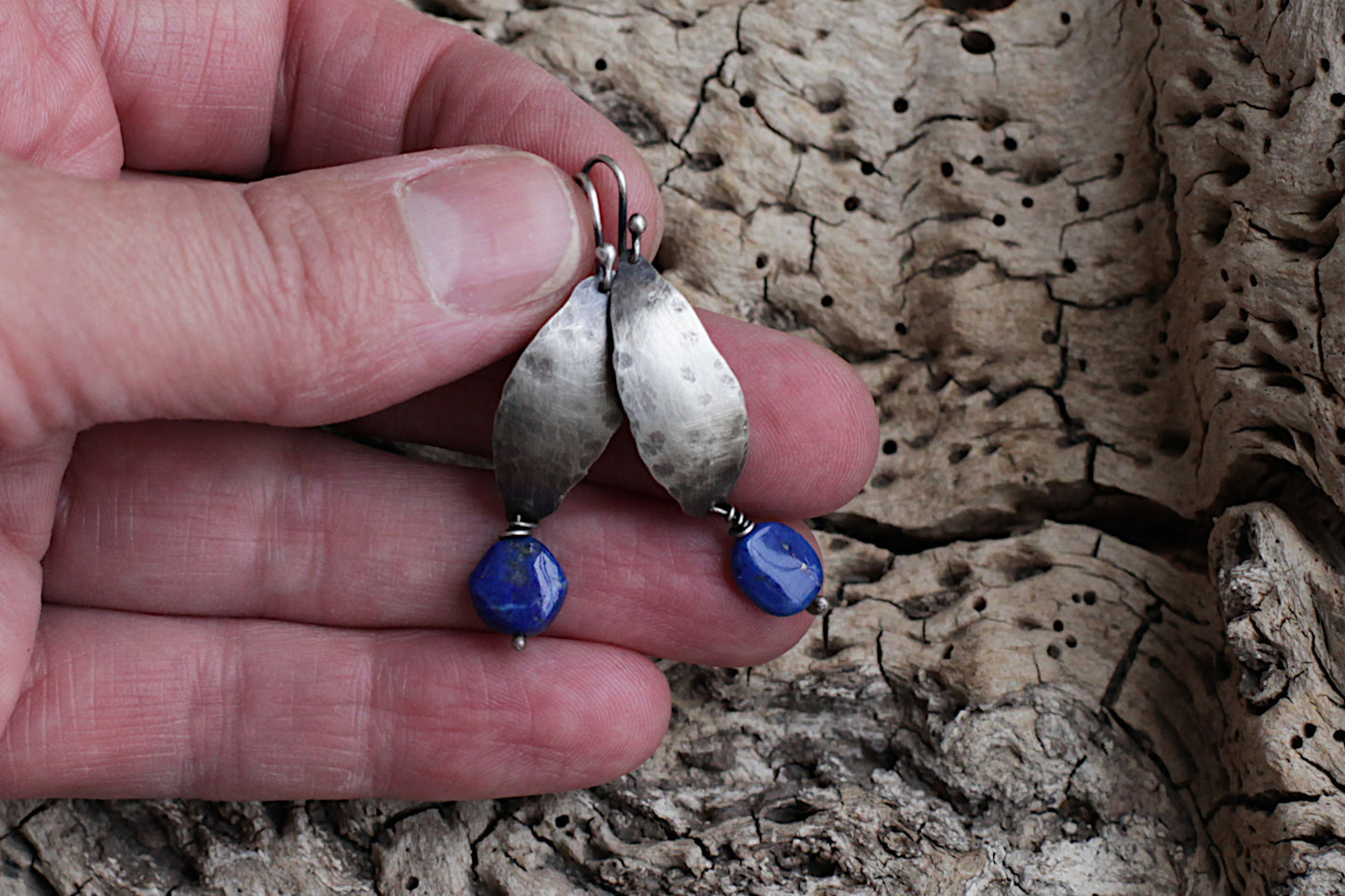 Lapis lazuli leaves sterling silver dangle earrings