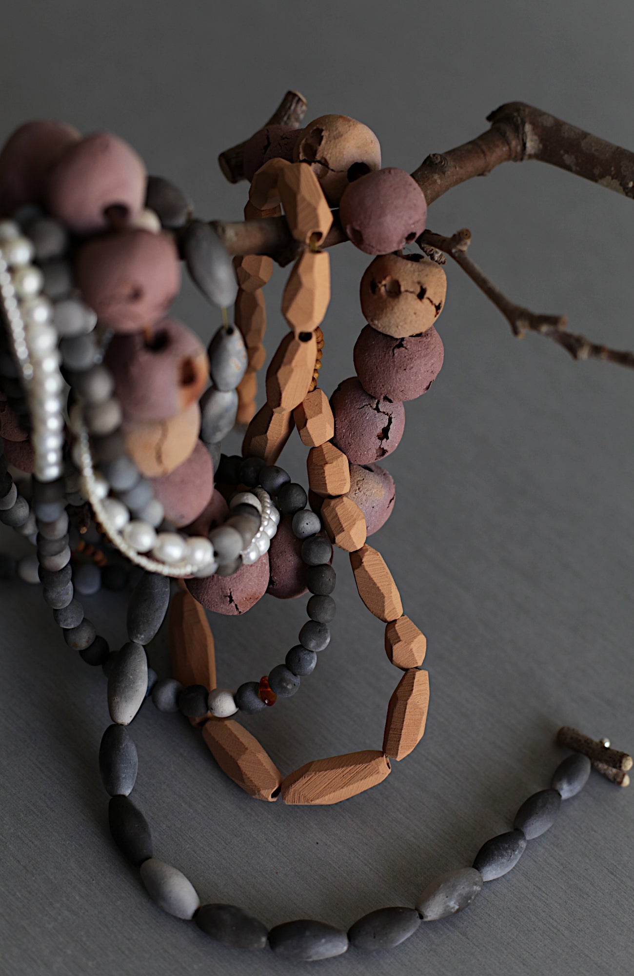 Mauve and earth - ceramic beaded necklace - ready to ship OOAK