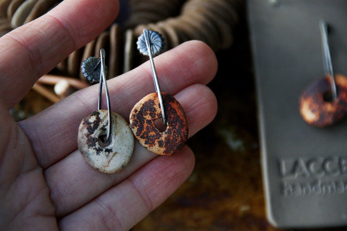 Slices of life - Raised from ashes - Pit fired ceramic on sterling silver earrings