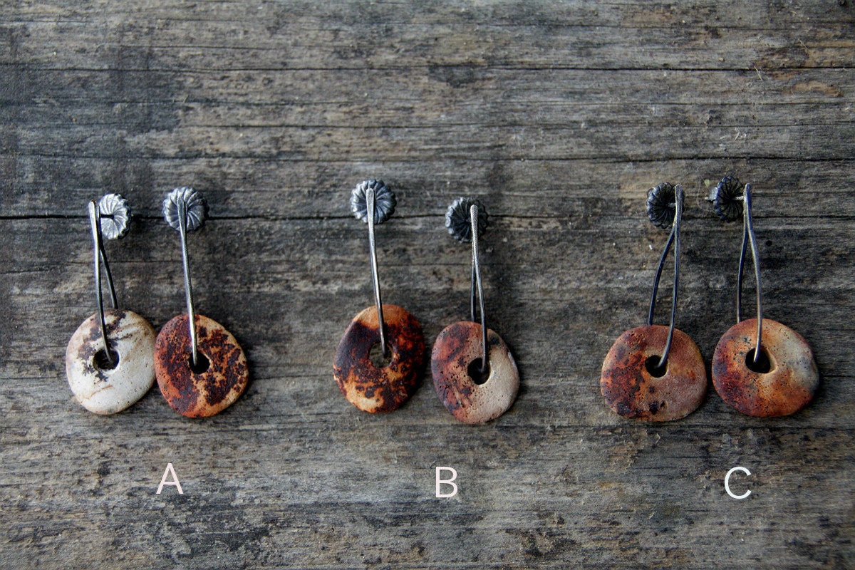 Slices of life - Raised from ashes - Pit fired ceramic on sterling silver earrings