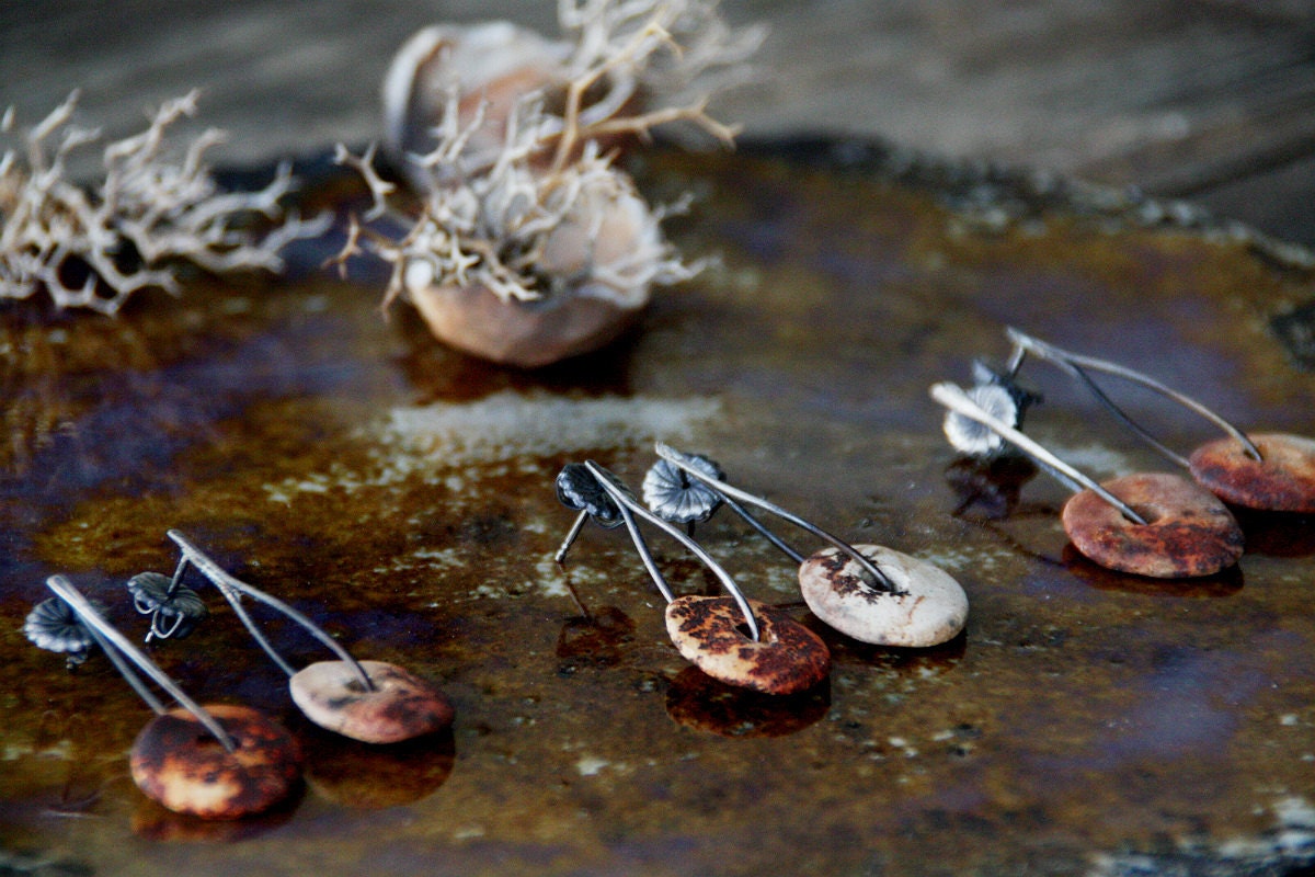 Slices of life - Raised from ashes - Pit fired ceramic on sterling silver earrings