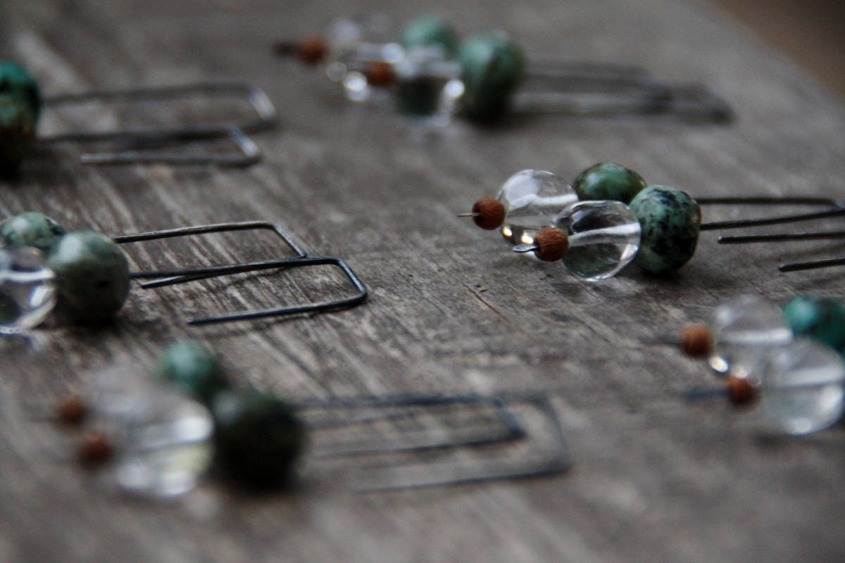 Turquoise, mountain crystal, sandal wood dangle earrings - oxidized sterling silver