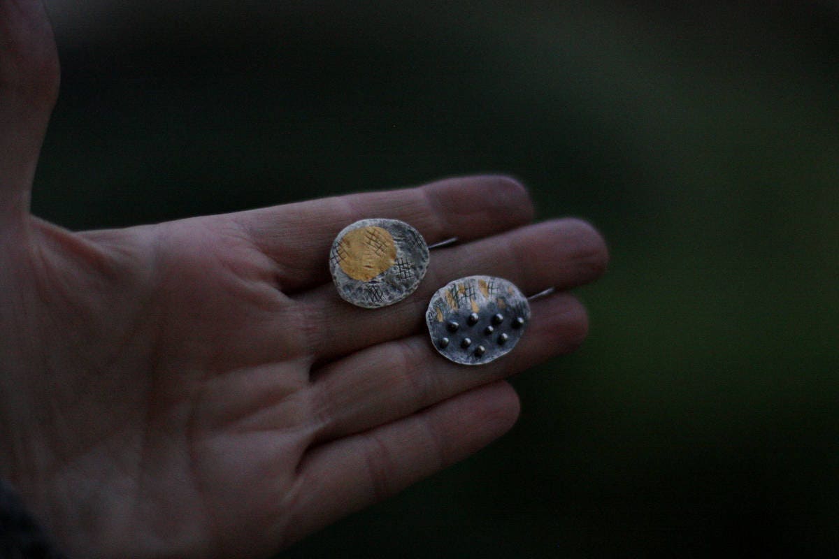 Patches of light - oxidized sterling silver and 24kt gold earrings - made to order