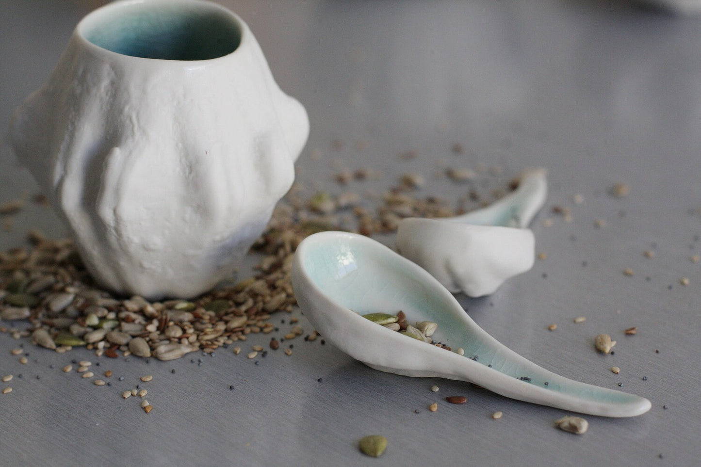 Gourd shaped porcelain scoop with turquoise glaze, appetizer spoon, ceramic spoon