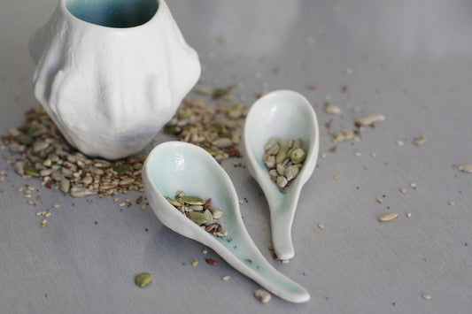 Gourd shaped porcelain scoop with turquoise glaze, appetizer spoon, ceramic spoon