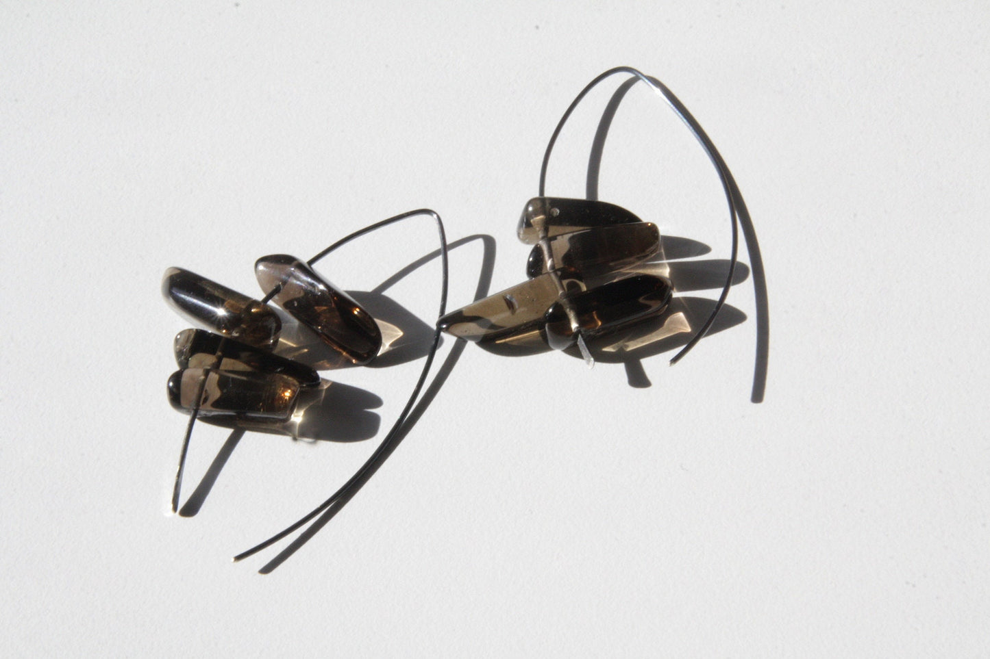 Smoky quartz wings -  sterling silver open hoop earrings