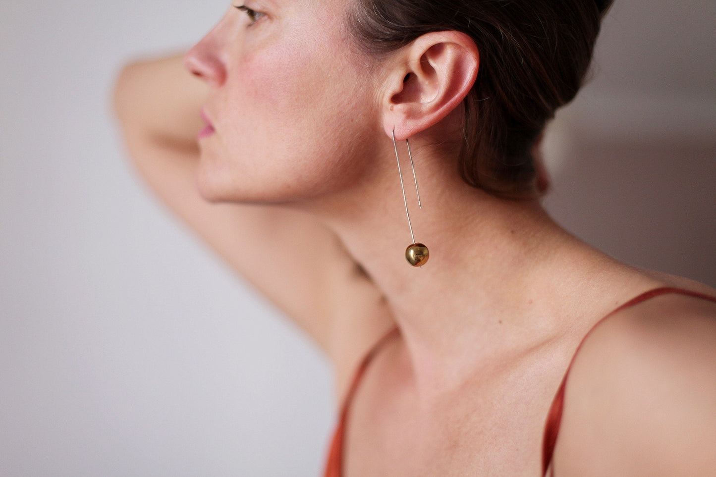 Gold hematite - long dangle earrings - oxidized sterling silver