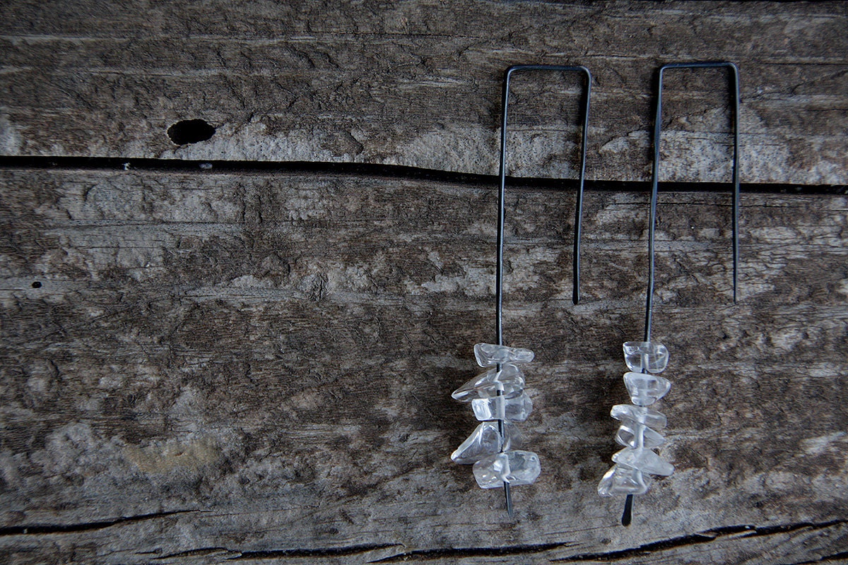Melting ice - oxidized sterling silver long dangle earrings with mountain crystal chips
