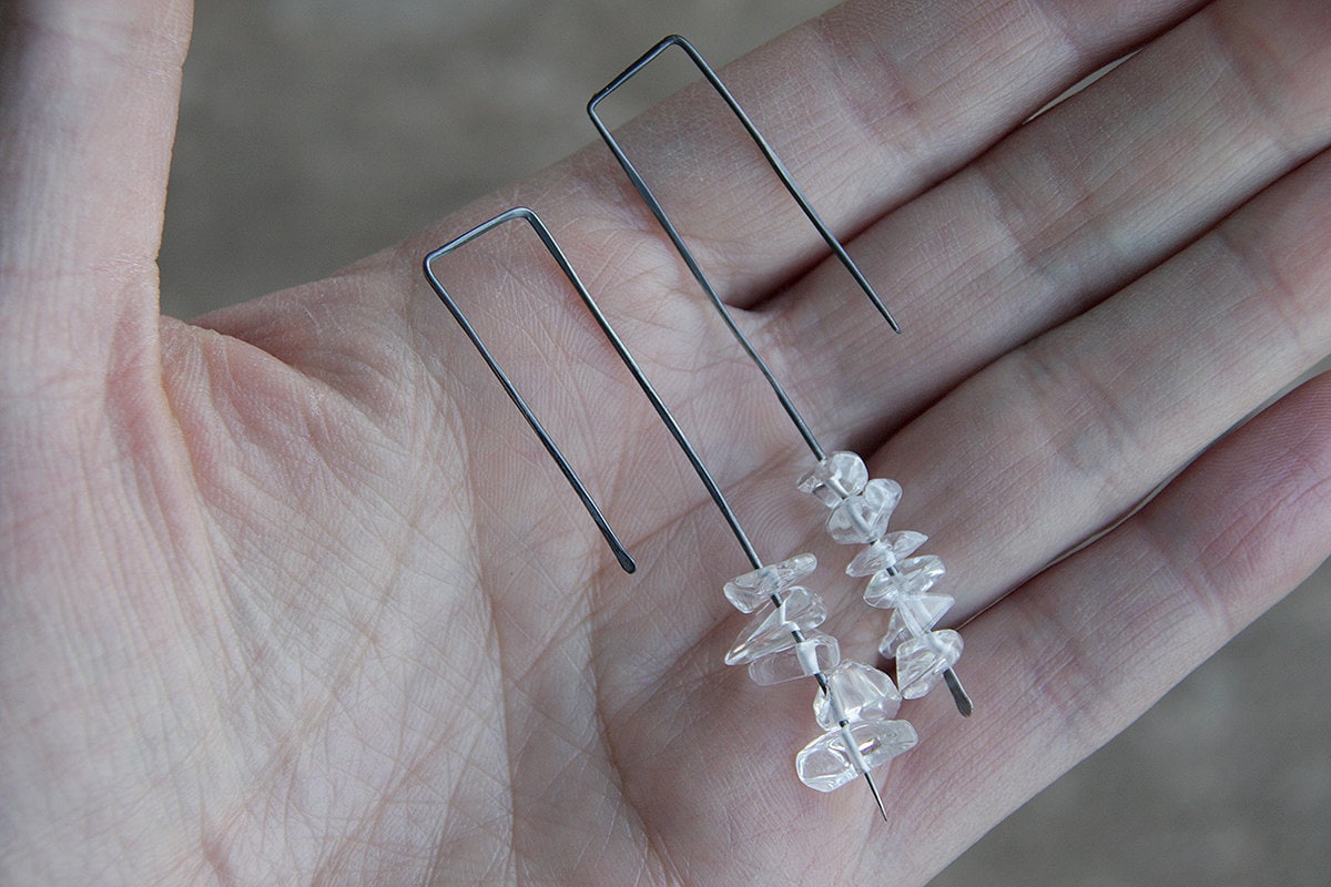 Melting ice - oxidized sterling silver long dangle earrings with mountain crystal chips