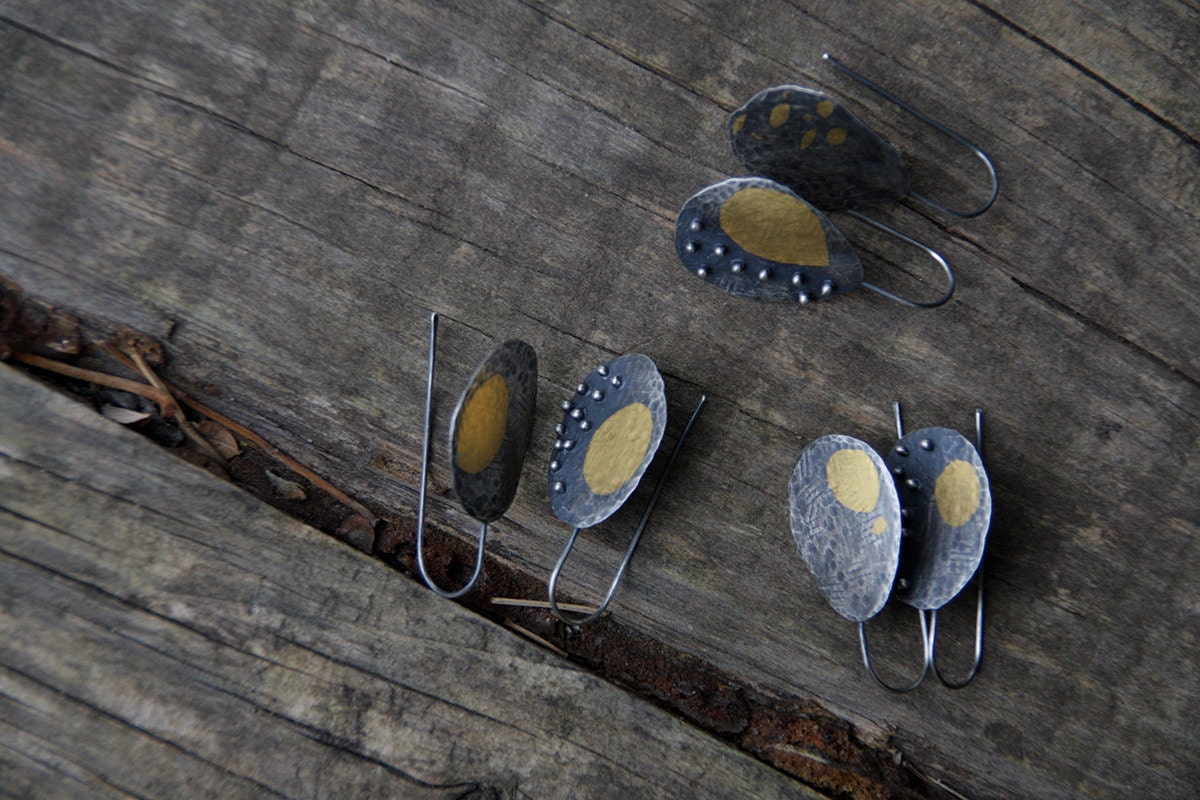 Patches of light - oxidized sterling silver and 24kt gold earrings - made to order